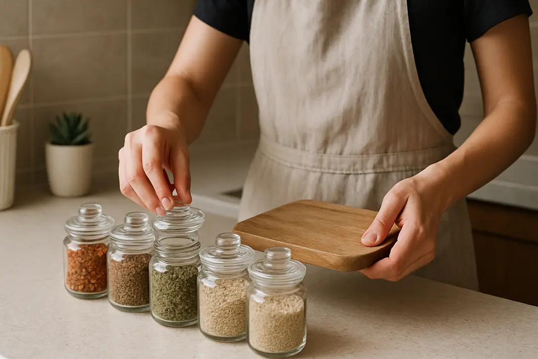 Mãos segurando tábua de madeira escolhendo temperos em potes de vidro sobre bancada organizada com suculentas ao fundo