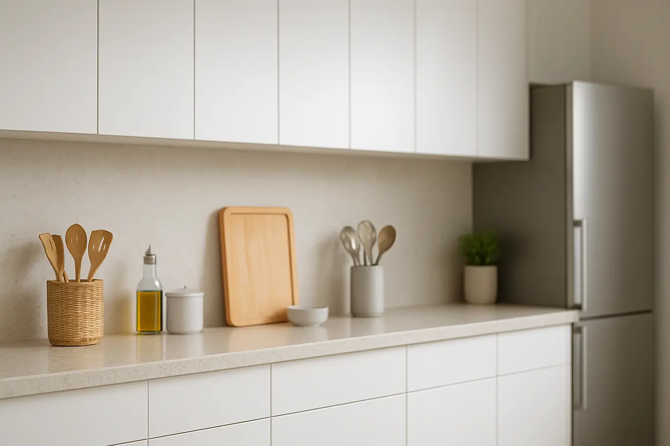 cozinha com armarios brancos bancada clara Cozinha moderna com armários brancos lisos e bancada de pedra clara organizados