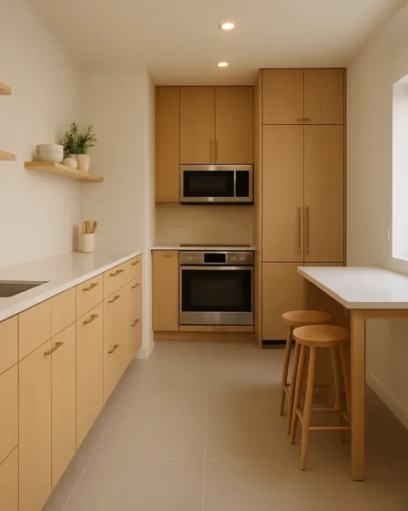 cozinha contemporanea funcional sem ilha Cozinha contemporânea ampla sem ilha central, com bancada em quartzo branco, armários de madeira clara, península com banquetas e corredor livre para circulação