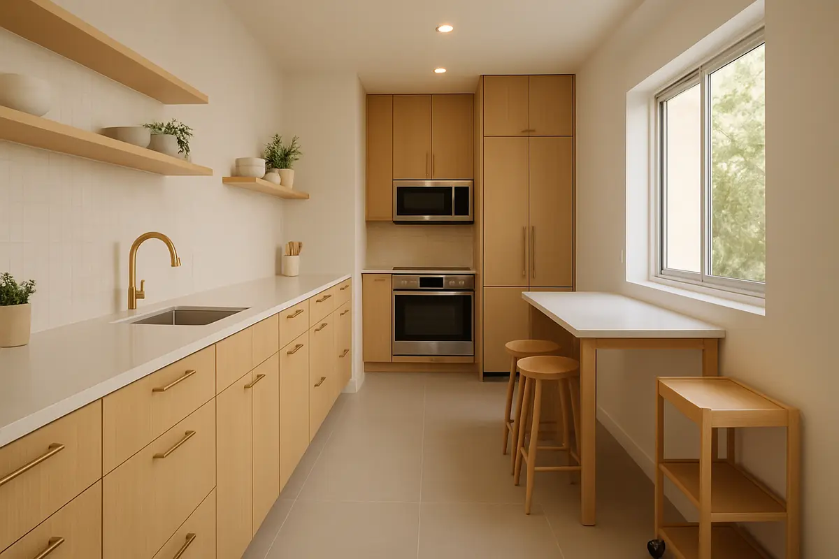 cozinha contemporanea funcional sem ilha Cozinha contemporânea ampla sem ilha central, com bancada em quartzo branco, armários de madeira clara, península com banquetas e corredor livre para circulação