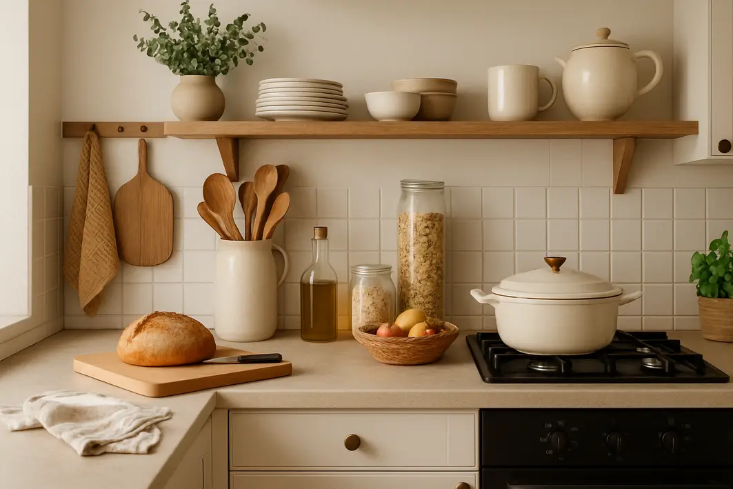 Balcão de cozinha organizado com utensílios de uso diário e plantas decorativas