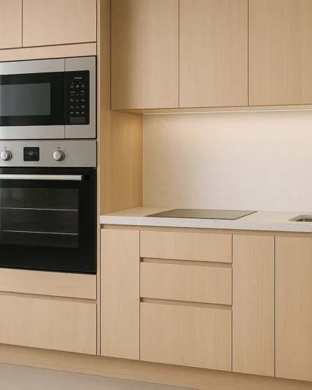 cozinha eletros embutidos design clean 1 Cozinha moderna com eletrodomésticos embutidos em armários planejados e bancada de granito clara