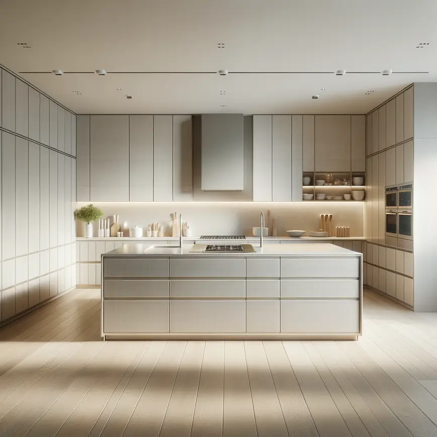 Cozinha moderna ampla com eletrodomésticos embutidos integrados em móveis planejados de linhas retas e cores neutras