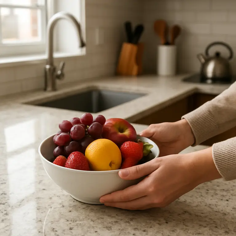 Mãos colocando tigela de frutas frescas sobre bancada em granito claro em cozinha moderna com iluminação natural