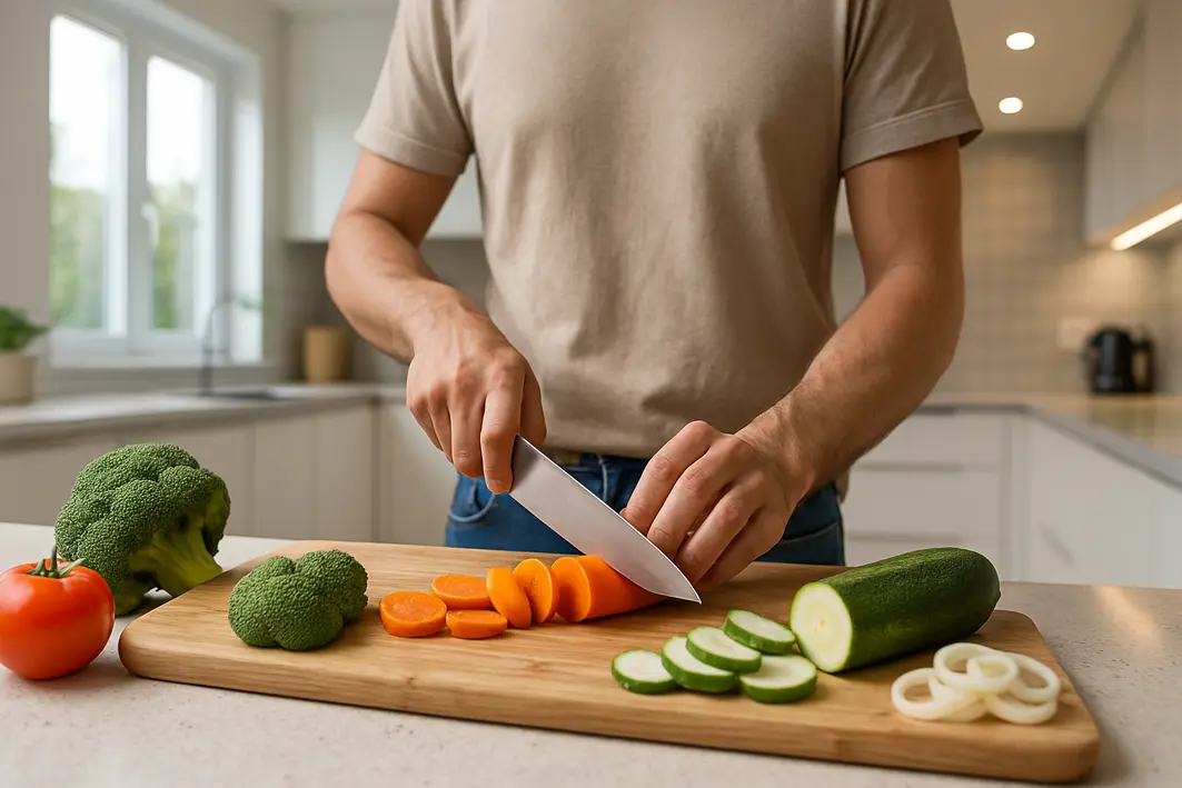 Pessoa cortando legumes em bancada de cozinha moderna com iluminação uniforme e luminárias embutidas no teto