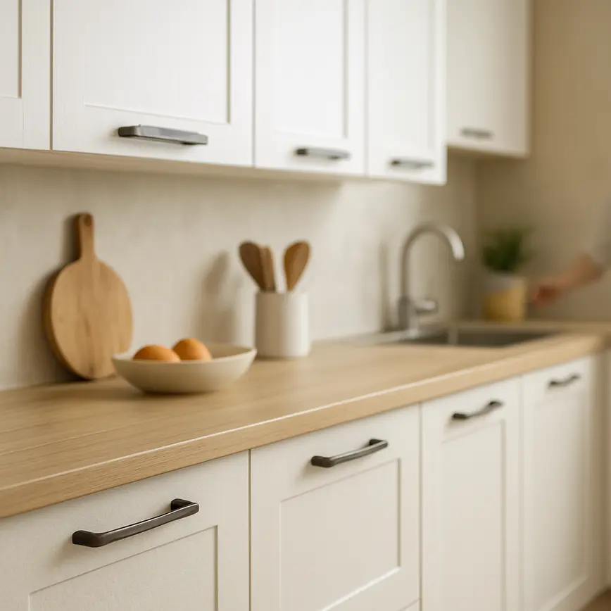 Cozinha moderna com armarios brancos off white e branco quente combinados com madeira clara tipo carvalho e puxadores metal fosco