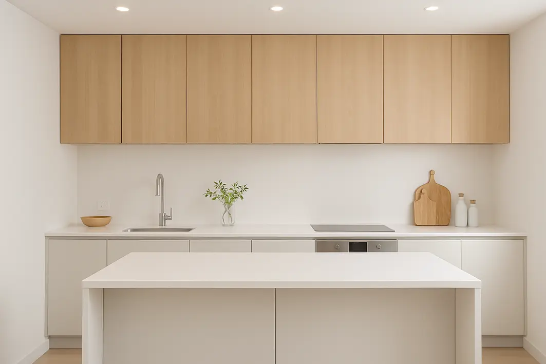 Cozinha moderna com bancada e mão ajustando luminária de teto