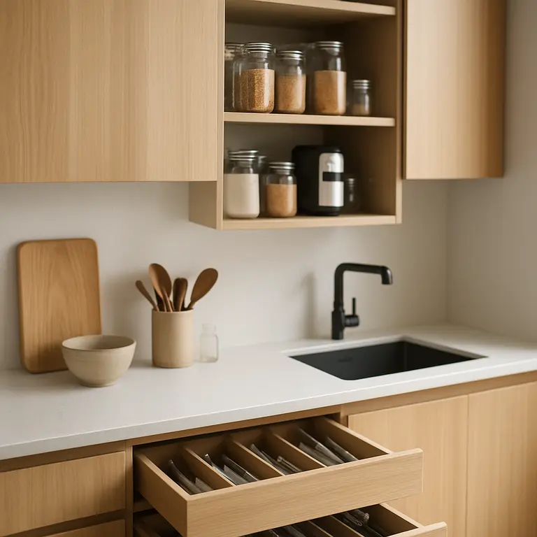 Cozinha moderna compacta com armários embutidos de portas de correr, prateleiras ajustáveis organizando potes de vidro e eletrodomésticos pequenos, gavetas abertas com organizadores segmentados e superfície limpa com acessórios minimalistas