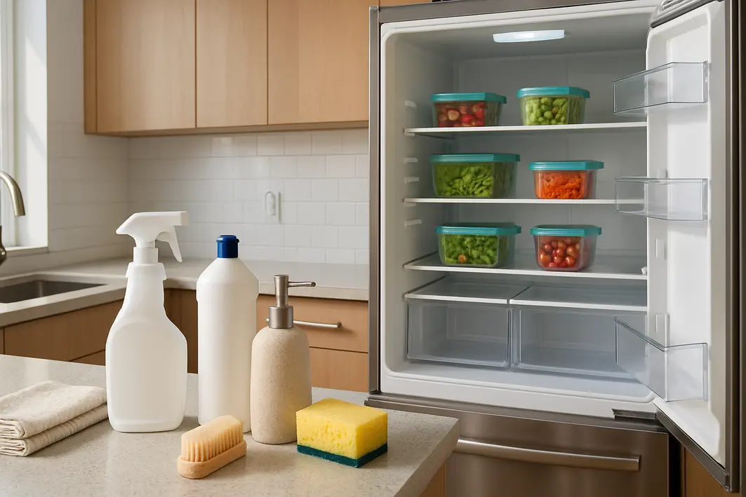 Geladeira aberta em cozinha moderna exibindo prateleiras limpas com recipientes transparentes vedados e bancada ao lado com produtos de limpeza