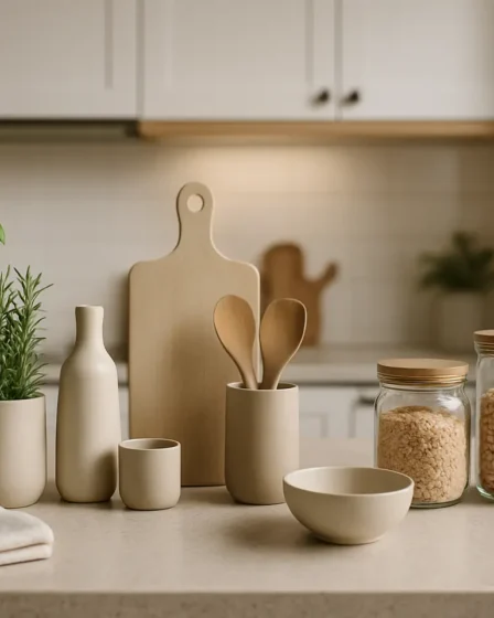cozinha moderna organizada itens dia a dia Cozinha moderna organizada com bancada clara, jarros de cerâmica com ervas, potes de vidro e utensílios minimalistas
