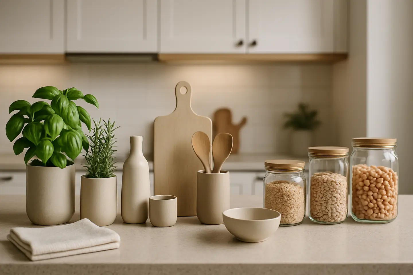 cozinha moderna organizada itens dia a dia Cozinha moderna organizada com bancada clara, jarros de cerâmica com ervas, potes de vidro e utensílios minimalistas