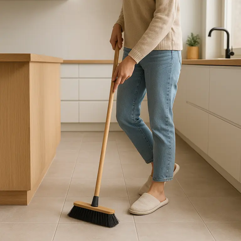 Pessoa varrendo piso de cerâmica em cozinha moderna com bancada de madeira clara