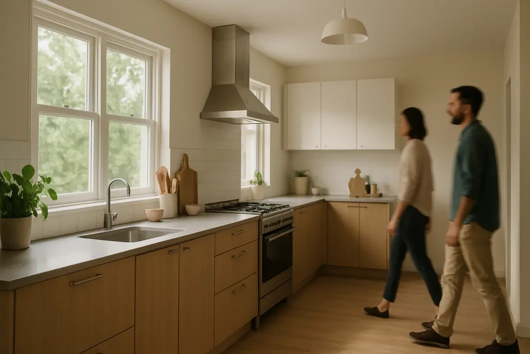 Cozinha ampla moderna sem ilha central com bancada continua contra a parede e luz natural