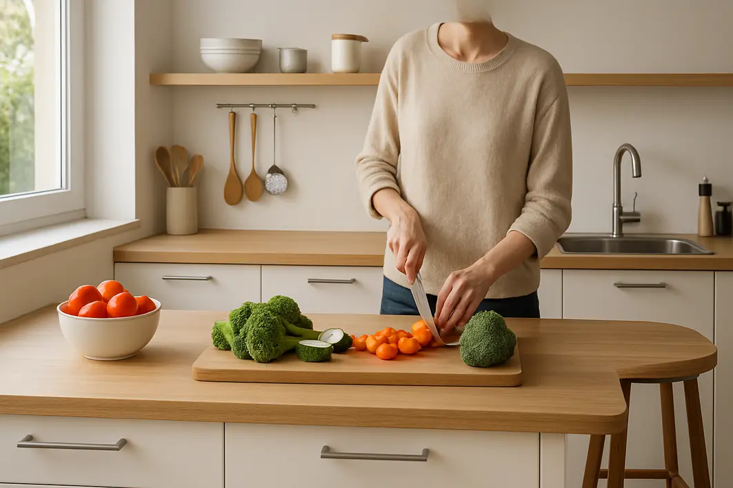 Cozinha moderna sem ilha central com bancada ampla e organizada, mãos preparando legumes em tábua de corte, iluminação natural e banco alto ao lado