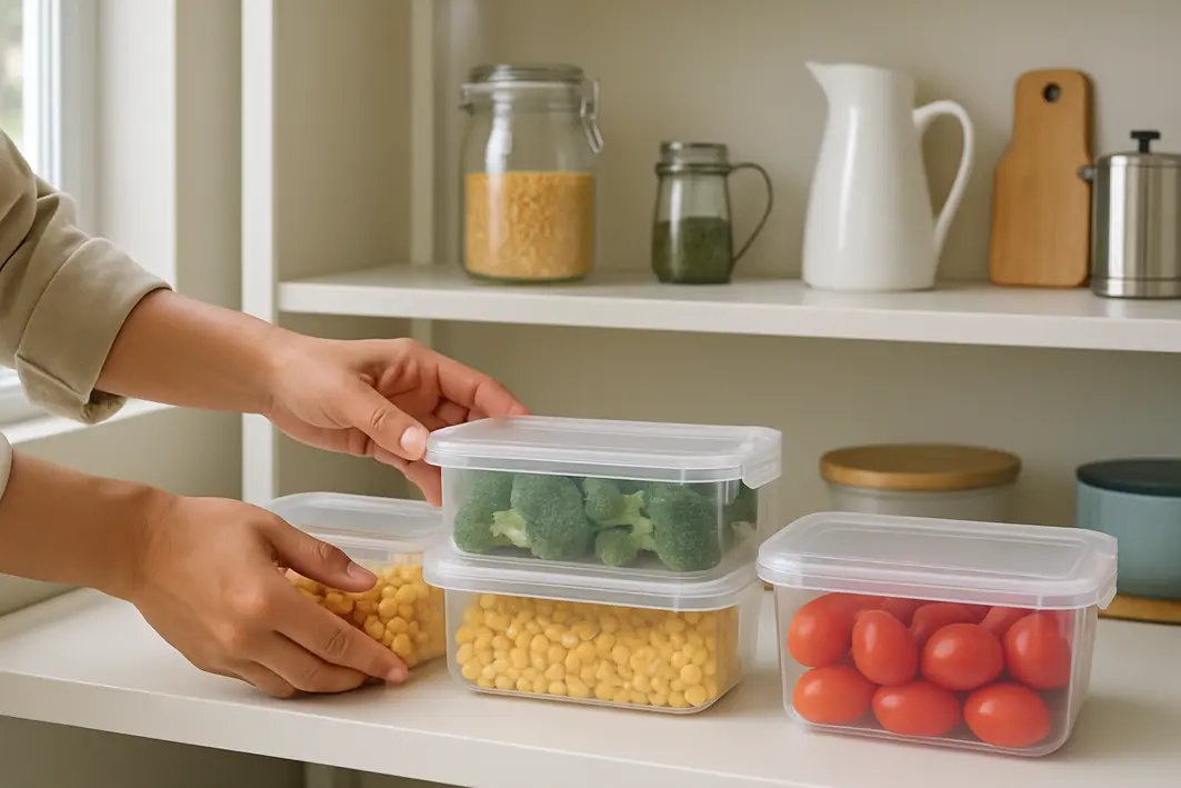 Pessoa com mangas arregaçadas organizando potes plastico transparentes com alimentos frescos em prateleira baixa da despensa da cozinha