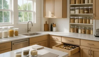 Cozinha espaçosa impecavelmente organizada com luz natural pela manhã, mostrando bancadas limpas e itens diários dispostos com potes transparentes e prateleiras etiquetadas