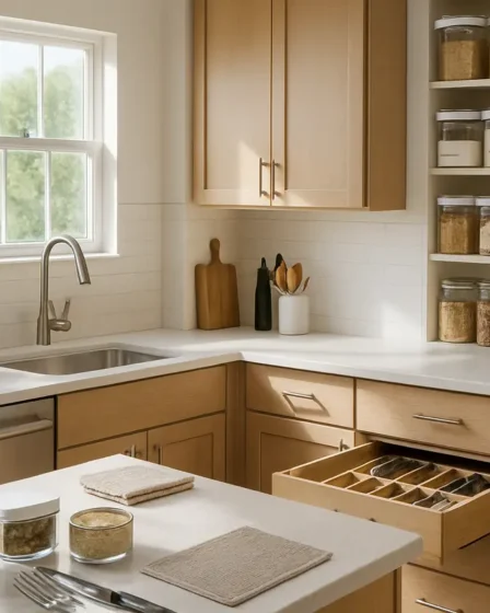 cozinha organizada rotina semanal 1 Cozinha espaçosa impecavelmente organizada com luz natural pela manhã, mostrando bancadas limpas e itens diários dispostos com potes transparentes e prateleiras etiquetadas