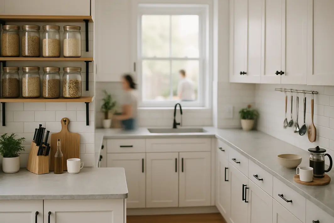 Cozinha moderna ampla com bancadas limpas, utensilios organizados, pia sem loucas e potes transparentes exibindo mantimentos
