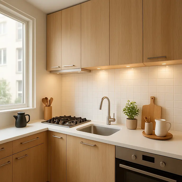 Cozinha pequena moderna com armarios claros, bancada organizada e luz natural entrando por janela ampla