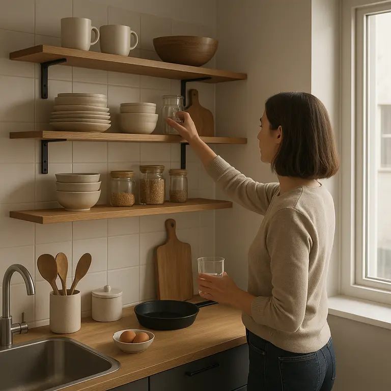 Pessoa arrumando utensílios em prateleiras abertas de cozinha pequena moderna com bancada compacta