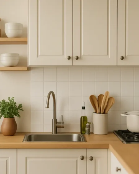 cozinha pequena organizada pratica aproveitamento Cozinha pequena organizada com armários compactos, prateleiras otimizadas e bancada limpa em ambiente claro e minimalista