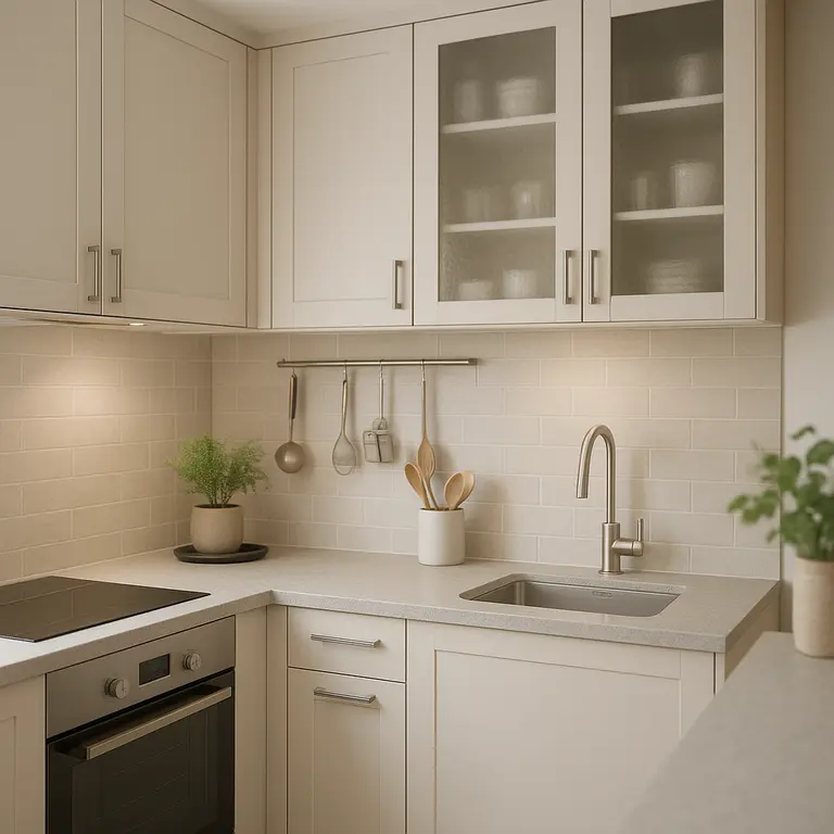 Cozinha pequena com armarios claros e bancada funcional