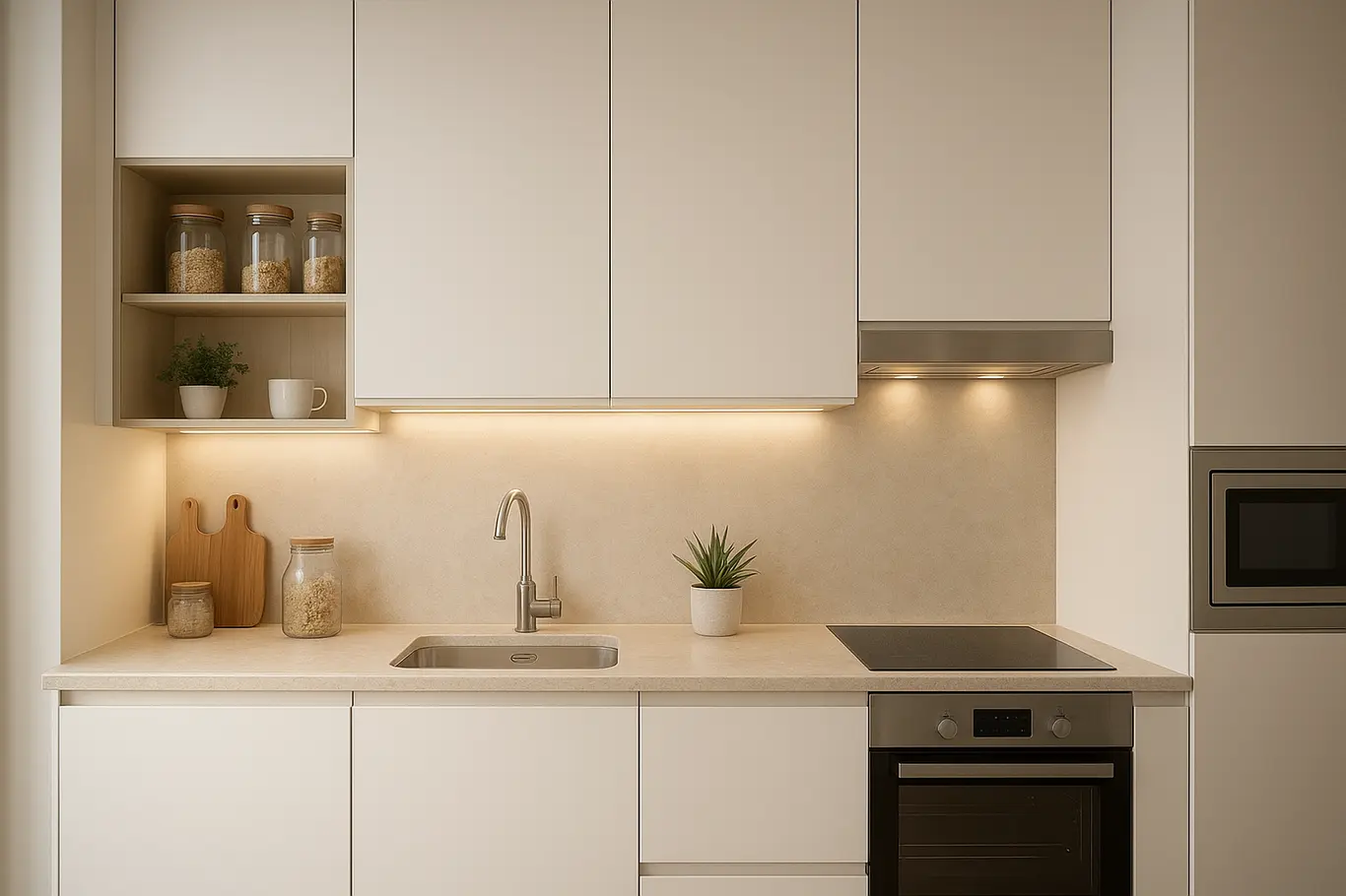 cozinha pequena transformada limpa organizada Cozinha pequena transformada com armários brancos, bancada clara e eletrodomésticos embutidos