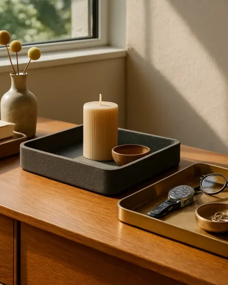 decoracao bandejas organizacao aparador madeira me Aparador de madeira com bandejas decorativas em madeira, metal e vidro organizando livros, vasos e velas sob luz natural