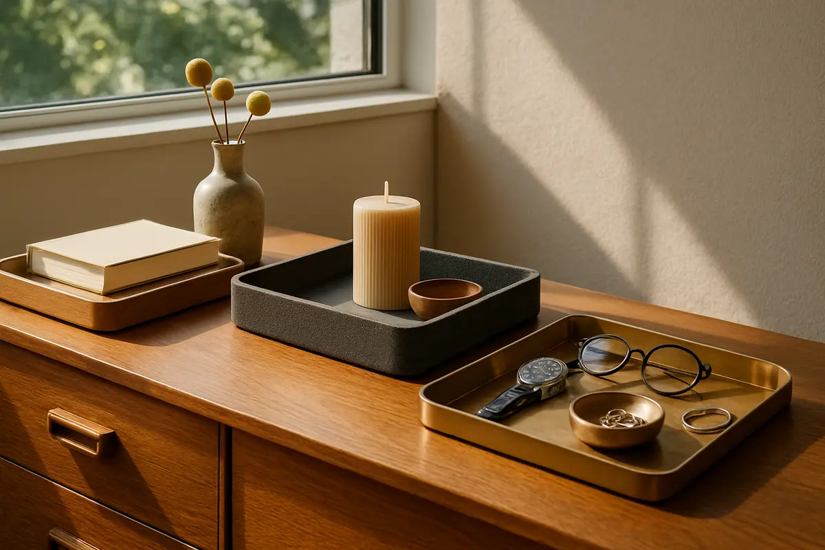 decoracao bandejas organizacao aparador madeira me Aparador de madeira com bandejas decorativas em madeira, metal e vidro organizando livros, vasos e velas sob luz natural