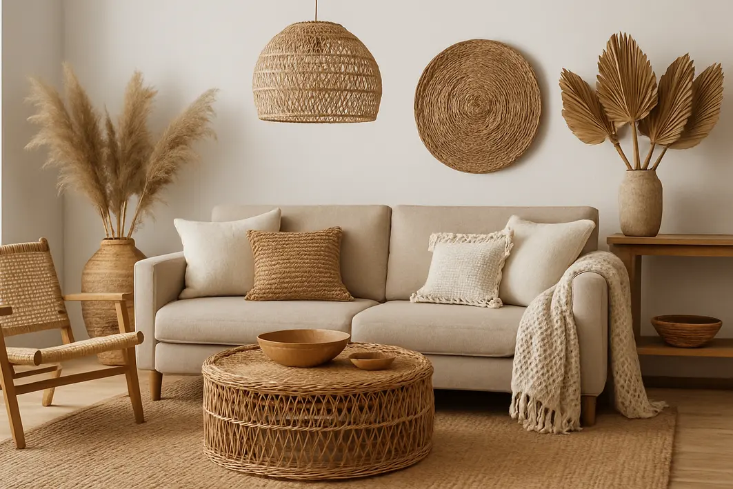 Sala decorada com móveis de madeira e fibras naturais