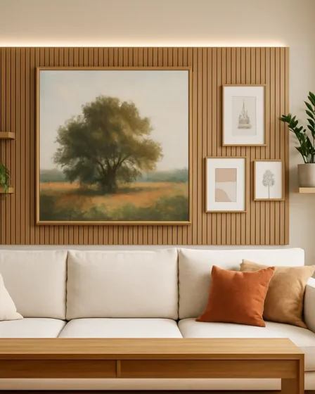 decoracao parede atras sofa Sala de estar elegante com parede decorada atrás do sofá com grande quadro central, painéis de madeira ripada, prateleiras flutuantes e plantas