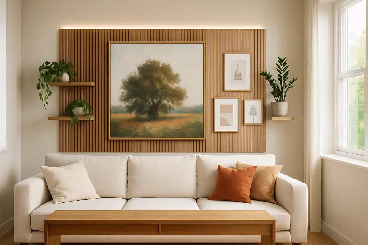 decoracao parede atras sofa Sala de estar elegante com parede decorada atrás do sofá com grande quadro central, painéis de madeira ripada, prateleiras flutuantes e plantas