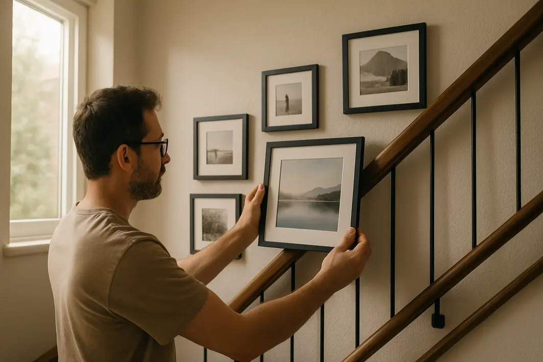 Pessoa pendurando quadro na parede da escada alinhando com outros quadros