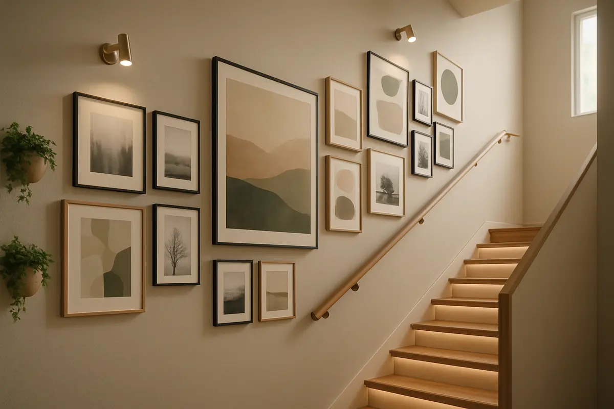 decoracao parede escada quadros arandelas Parede da escada decorada com galeria de quadros alinhados na inclinação dos degraus, iluminação com arandelas e spots de LED, vasos com plantas pendentes