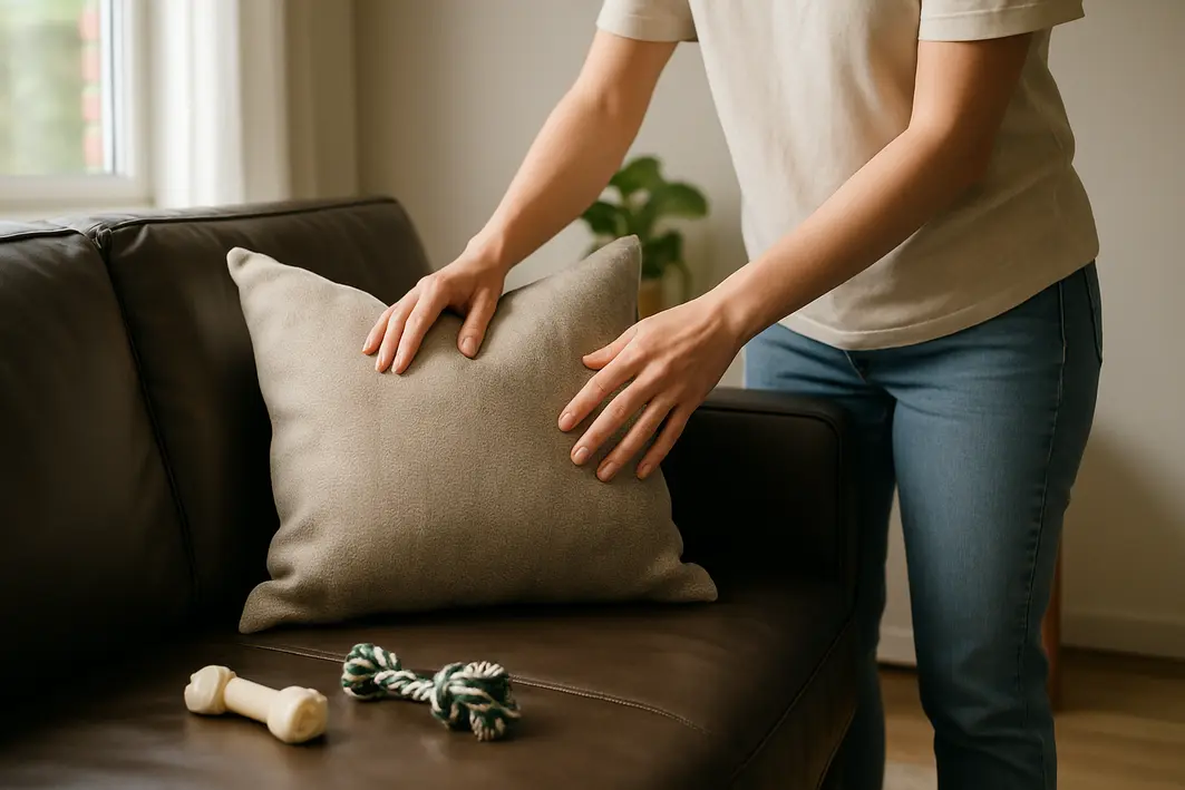 Mãos posicionando almofadas resistentes de tecido fácil limpeza sobre sofá com revestimento impermeável em sala minimalista pet friendly