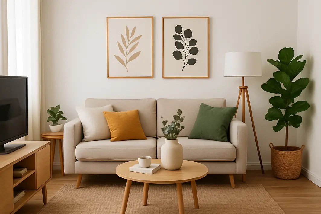Sala pequena decorada com móveis multifuncionais e iluminação natural