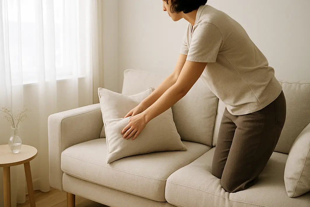 Pessoa ajustando almofada clara em sofa minimalista com luz natural abundante em sala pequena