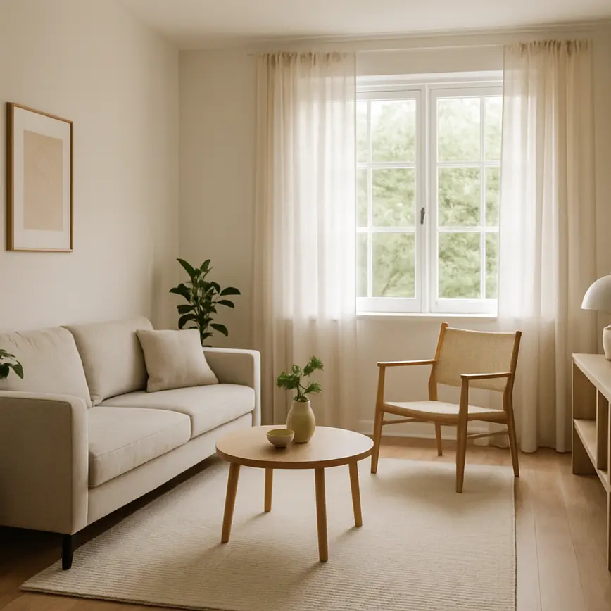 Sala pequena organizada com mobiliário funcional e janelas com cortinas translúcidas