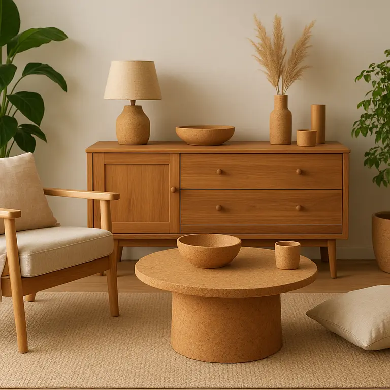 Ambiente doméstico elegante com móveis de madeira certificada, objetos de cortiça, peças de bambu e têxteis de algodão orgânico em decoração sustentável