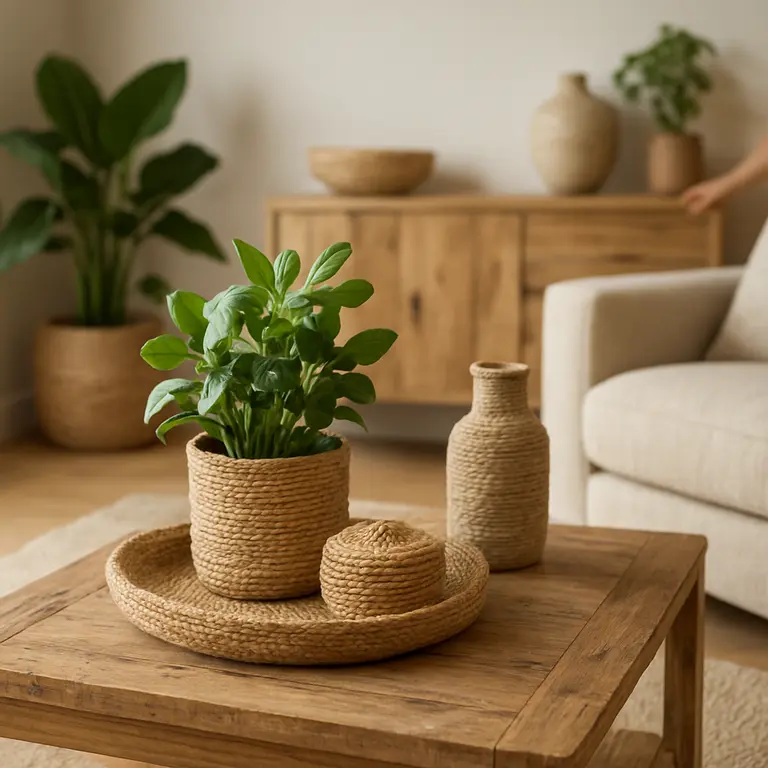 Sala de estar com móveis de madeira sustentável e plantas naturais