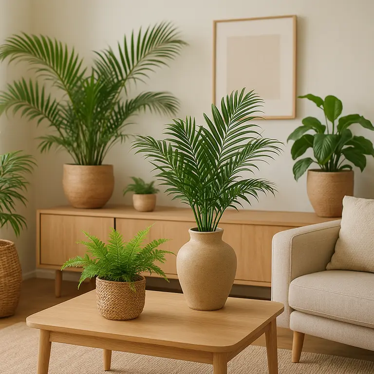 Sala de estar com decoração tropical moderna usando plantas e móveis de madeira