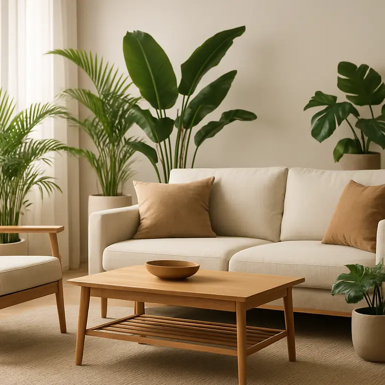 Sala de estar com decoração tropical moderna, móveis de madeira clara e plantas tropicais em vasos de cerâmica minimalistas