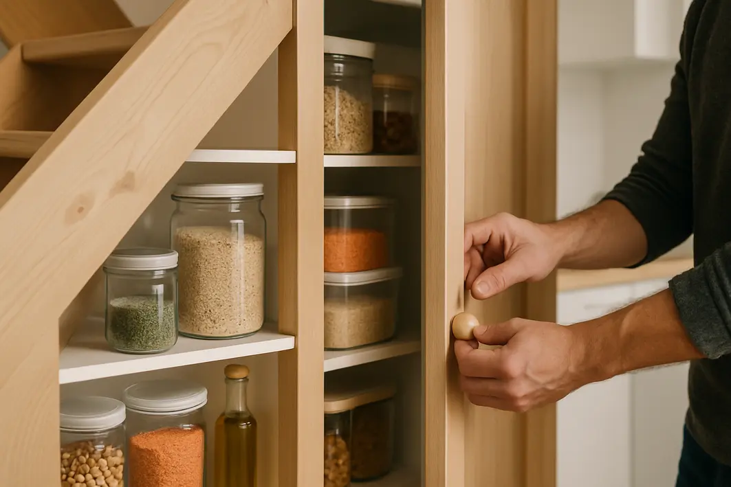 Mãos masculinas abrindo porta de despensa sob escada de madeira clara com prateleiras organizadas em cozinha