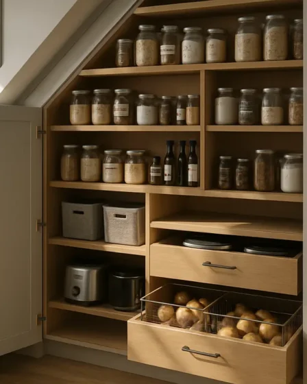 despensa embaixo escada moderna planejada Despensa sofisticada embaixo da escada com prateleiras ajustáveis de madeira, gavetas deslizantes e cestos de aço ventilados em cozinha moderna