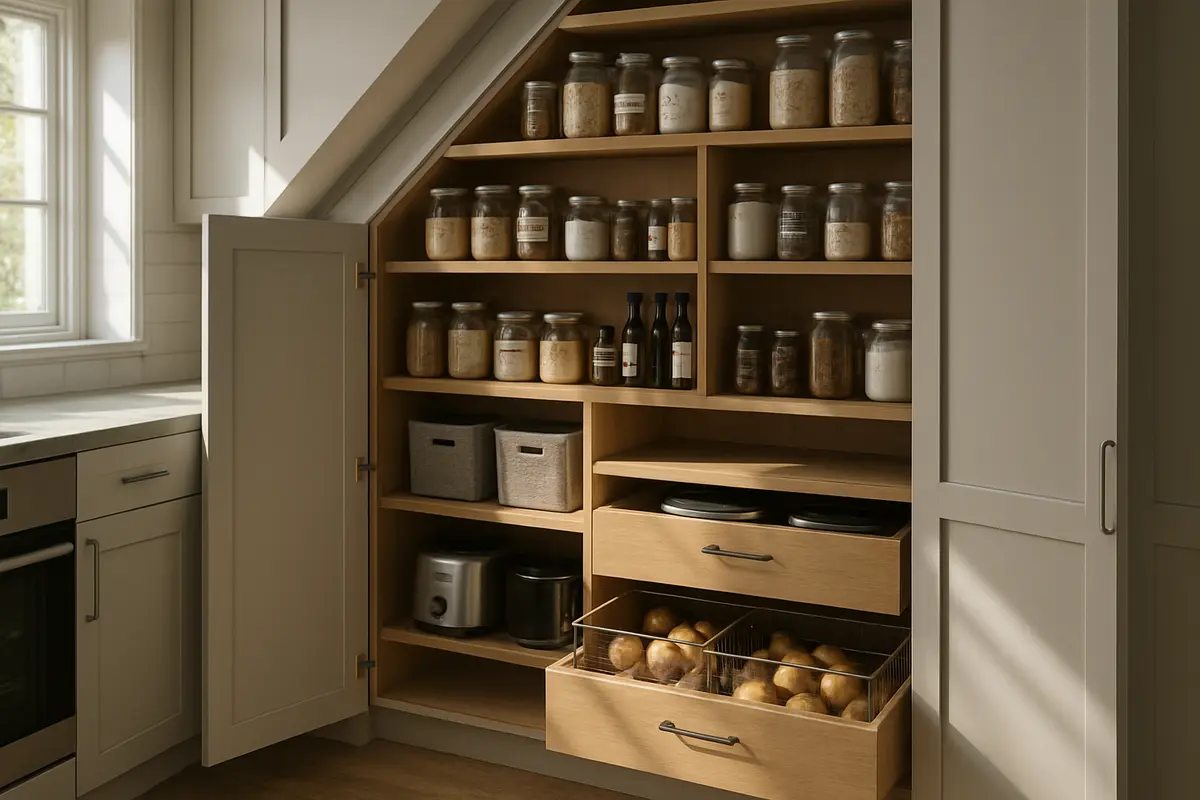 despensa embaixo escada moderna planejada Despensa sofisticada embaixo da escada com prateleiras ajustáveis de madeira, gavetas deslizantes e cestos de aço ventilados em cozinha moderna