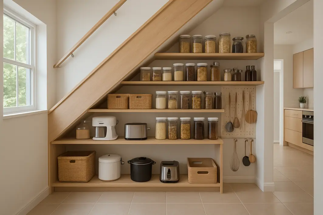 Despensa organizada embaixo de escada com prateleiras ajustadas em madeira clara e caixas transparentes