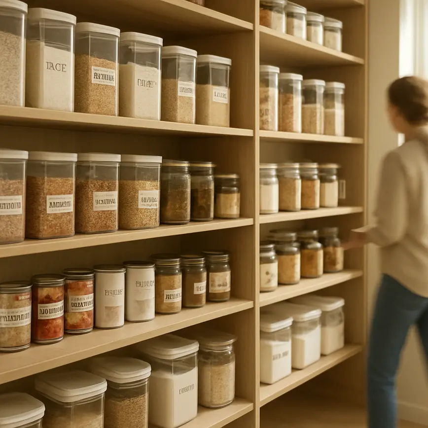 despensa grande organizada prateleiras madeira Despensa grande e organizada com prateleiras de madeira clara contendo caixas transparentes e recipientes categorizados sob iluminação natural ao lado de janela