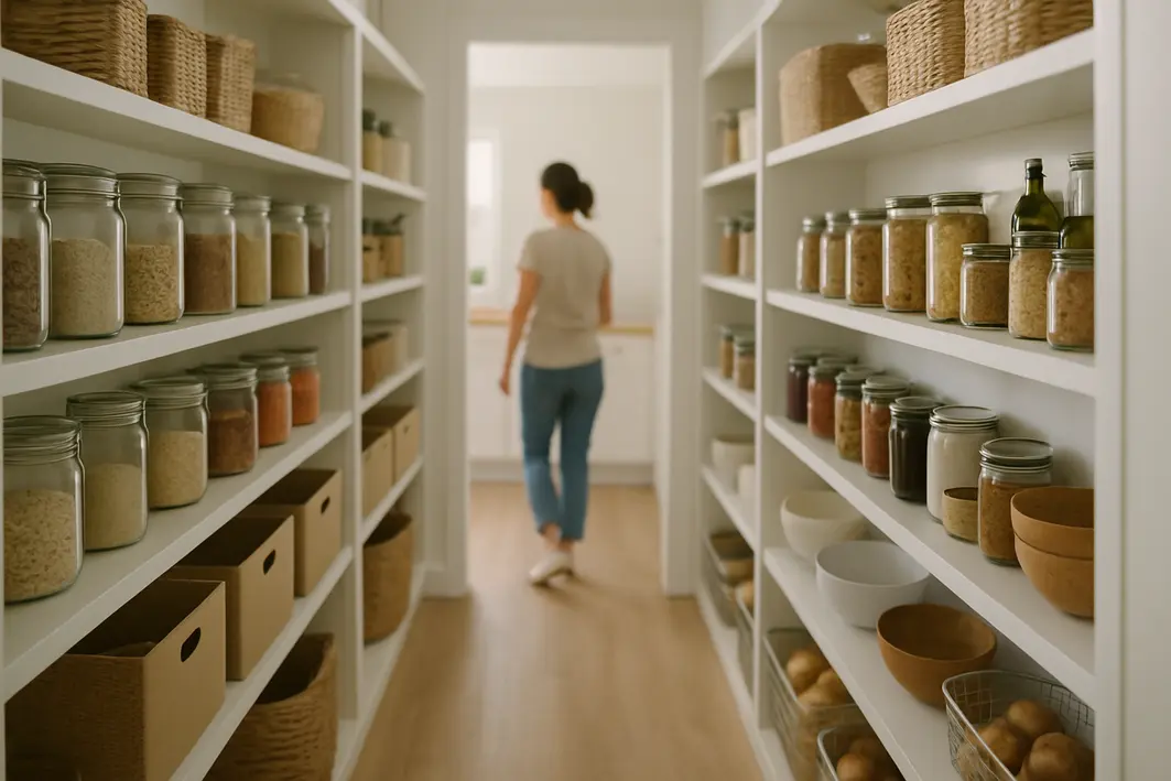 Despensa ampla e organizada com prateleiras contendo alimentos em potes transparentes e caixas categorizadas, iluminação natural e figura humana ao fundo desfocada
