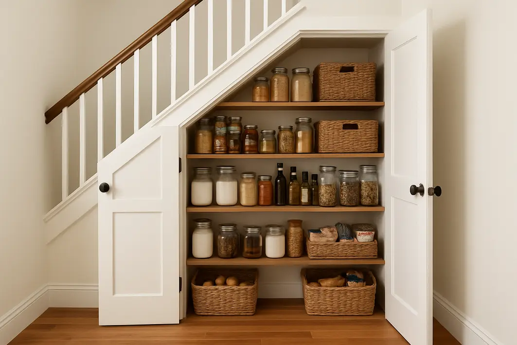 Mãos ajustando prateleiras modulares em despensa sob escada com madeira clara e embalagens organizadas