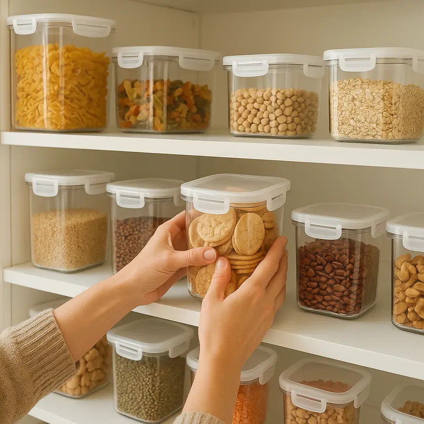 dispensa grande organizada prateleiras Despensa grande com prateleiras organizadas cheia de mantimentos e potes etiquetados